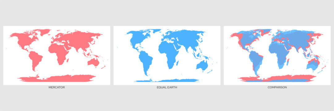 World map comparison of Mercator and Equal Earth projection. Vector cartography showing difference in continent size distortion. Geographic visualization for education, science and global data design.