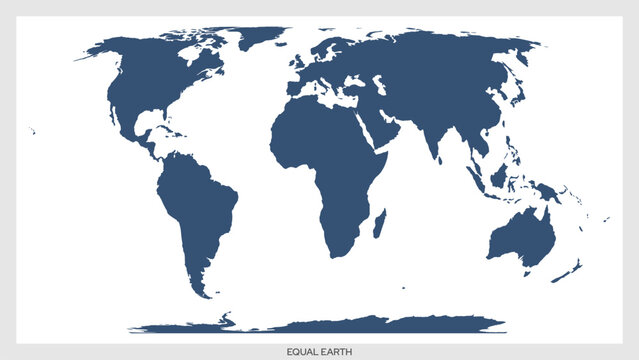 World map in equal earth projection. Blue continents silhouette on white background. Accurate area world map vector illustration for geography, education, cartography and global design concepts.