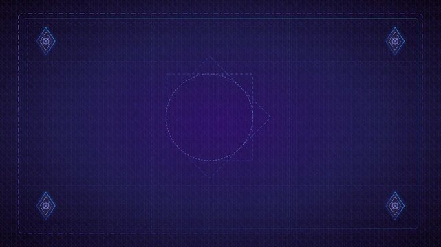 Abstract dark purple background with technical cross-hatch texture, featuring geometric line art blueprints, circles, squares, and floral HUD elements on a deep royal velvet base.