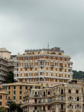 26 April 2026, Italy, Liguria, Genoa - closed B&B Miramare da Camilla ex Grand Hotel Stile Liberty by Gino Copped&egrave; and sightseeing architecture Palazzo di via Pagano Doria