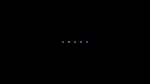 Minimal five-dot loading indicator with a smooth traveling pulse wave, subtle vertical movement, and vibrant multi-color glowing accents on a transparent background. Seamless 6-second alternating boun
