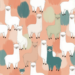Fototapeta premium Seamless hand-drawn pattern featuring illustrated llamas and alpacas in white, teal, and beige colors on a peach background with abstract brushstrokes for nursery and textile design.