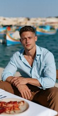 Fototapeta premium Man at a seaside table with colorful fishing boats in the harbor for travel lifestyle banner and portrait use