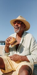 Fototapeta premium Smiling man in straw hat eating a burger on the beach under a clear blue sky for summer lifestyle and outdoor picnic banner design