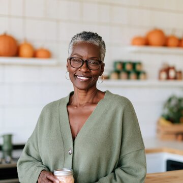 Smiling mature woman holding a mason jar in a bright kitchen for cooking storage and sustainable living lifestyle