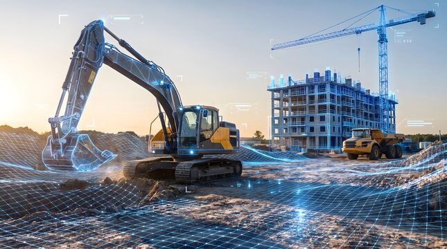 Construction Site with Excavator Crane and Building