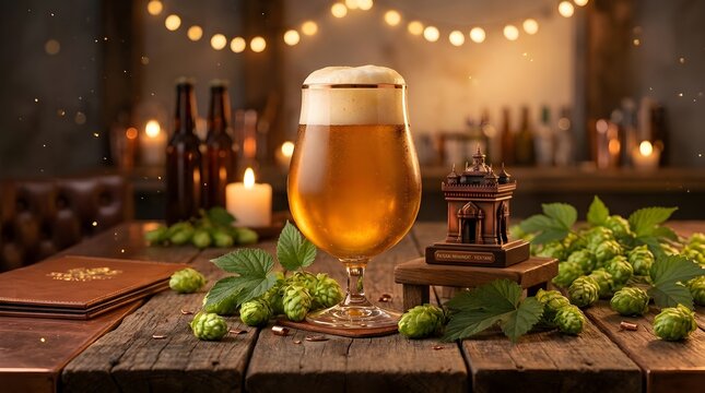 Craft glass beer with fresh hops on rustic wooden table in bar
