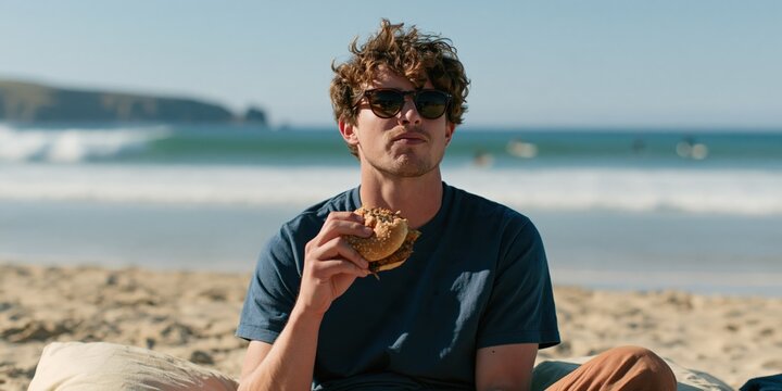 Young man eating burger on sunny beach for casual summer lifestyle background and social media banner design