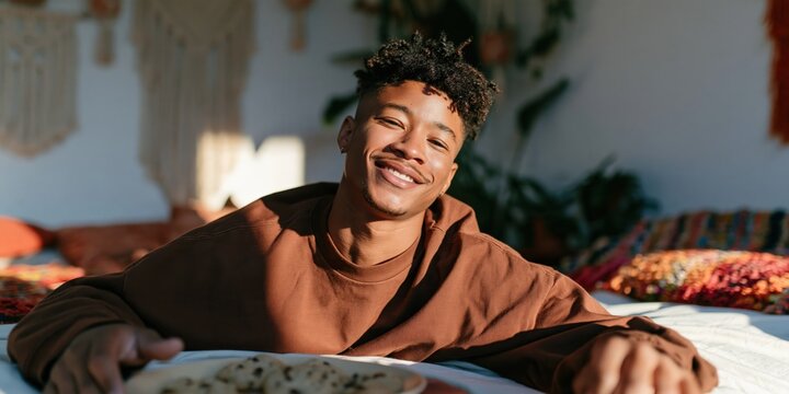 Young man smiling on bed in boho bedroom with sunlight for lifestyle background and relaxation banner design
