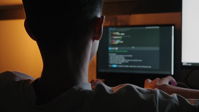 Teenage boy programming and writing code on a computer in a dimly lit room at night.