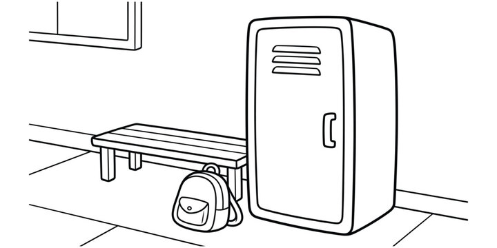 A simple black and white line drawing of a school locker with a backpack sitting on a bench