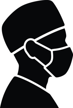 Black silhouette icon of a medical professional wearing a surgical face mask and a scrub cap