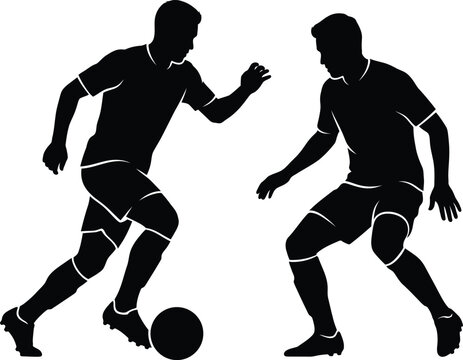 Silhouette of two soccer players competing for the ball during a match on a white background