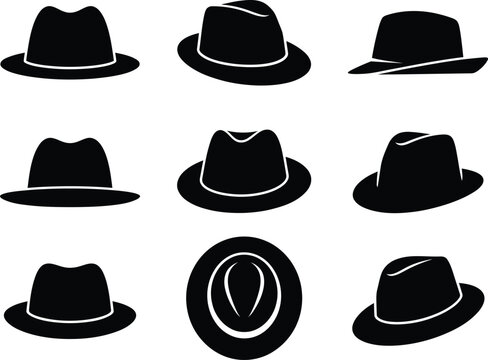 Set of black fedora hat icons showing different angles and perspectives for fashion and accessory design projects