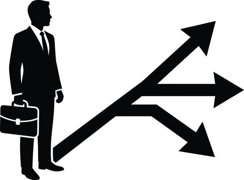 Silhouette of a businessman holding a briefcase standing before a sign with three different directional arrows