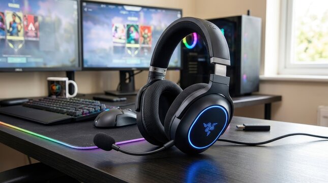 Professional gaming headset placed on a desk in front of dual monitors and a computer tower setup