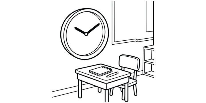 A simple black and white line art illustration of a classroom desk with a wall clock above