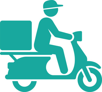 Teal icon of a delivery person riding a scooter with a package box on the back