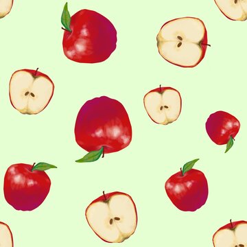 Seamless red apple pattern with sliced apples on a soft green background for autumn design