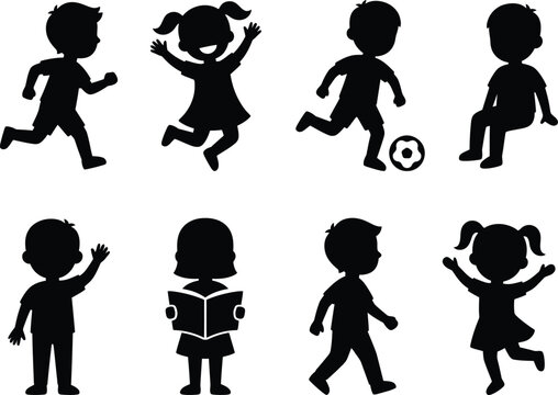 Set of black silhouettes of happy children playing and studying in various poses isolated on white background