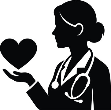 Silhouette of a female doctor holding a heart symbol representing cardiology and healthcare medical services