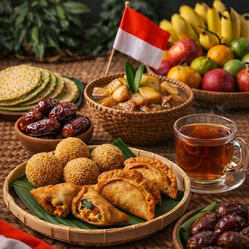 Indonesian Ramadan iftar food feast with pastel, onde-onde, kolak pisang, dates, tea, and national flag