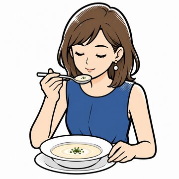 白いスープをスプーンで食べる女性のイラスト