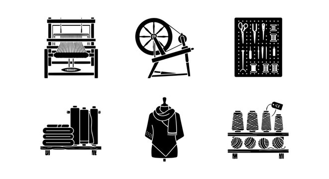 Textile Craft Icons: Weaving Loom, Spinning Wheel, Sewing Tools, Fabric Rolls, Mannequin, Yarn Spools