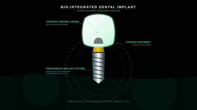 3D Medical Animation of Bio Integrated Dental Implant Showing Exploded Structural Components View