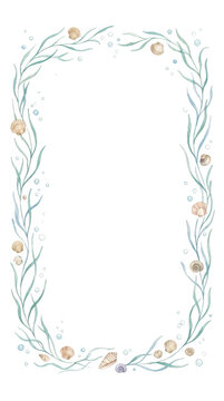 Watercolor seaweed and seashells frame isolated on transparent background