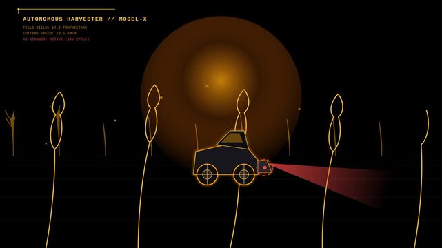 Autonomous Harvester Concept Moving Through A Digital Farm Field Animation With Scanner Data Overlay