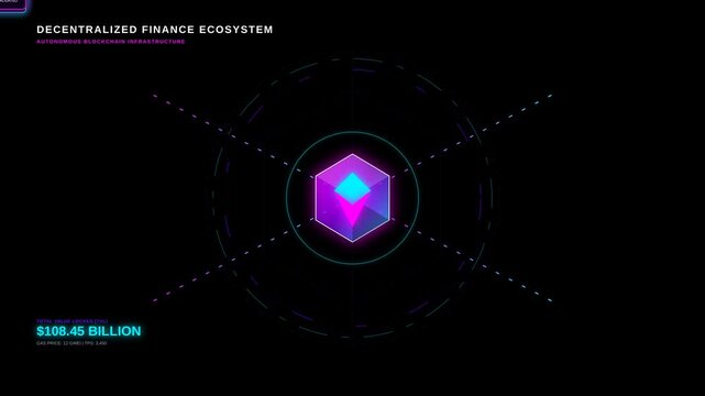 Decentralized Finance Ecosystem HUD Interface Showing Digital Blockchain Data Visualization Concept