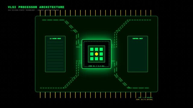 Digital Technology Processor Architecture Interface with Animated Data Core and Circuit Schematic