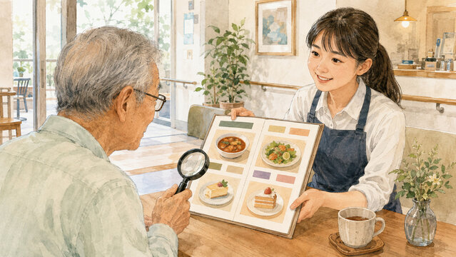 Cafe Staff Showing Large Picture Menu to Customer with Low Vision