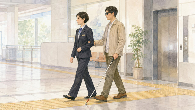 Staff Guiding Blind Man with White Cane in Accessible Public Facility