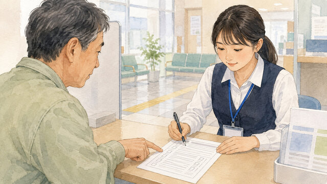 Japanese Service Staff Providing Form Writing Assistance