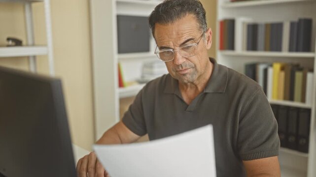 Middle aged hispanic man holding a document and reading at a computer desk in office building; concentration productivity.