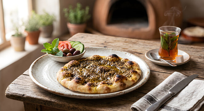 Lebanese zaatar manakish with fresh vegetables and mint tea