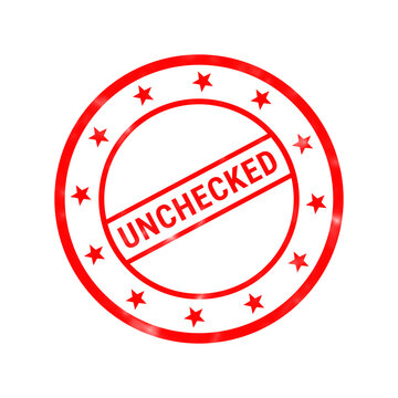 Red unchecked rubber stamp icon, circular unchecked seal with stars, business verification and quality control mark