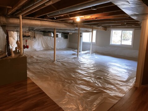 Finished basement under renovation with plastic sheeting