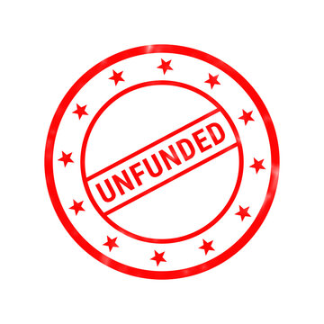 Red unfunded rubber stamp icon, circular financial denial seal on white background, rejected budget concept