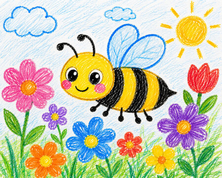 Cute Honey Bee in Colorful Garden, Childlike Hand-Drawn Crayon Illustration