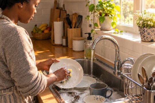 Woman washing a white plate by hand at the kitchen sink, dishwashing chore concept