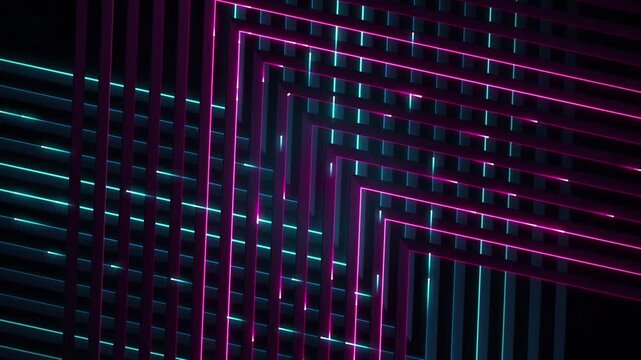 Abstract futuristic neon lines glowing in pink and blue, 3d render background pattern