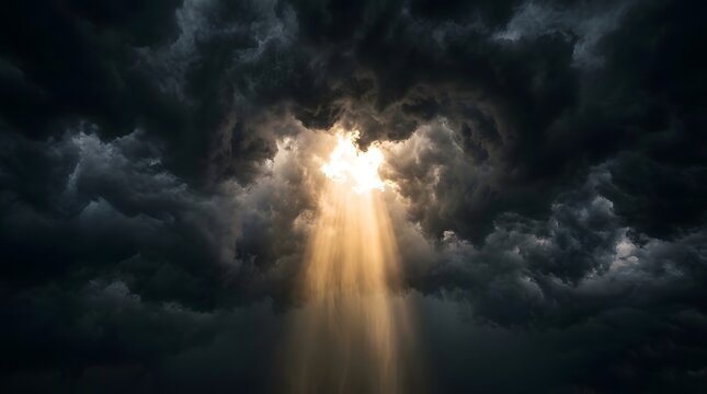 Bright golden sunlight breaking through dark stormy clouds illustrating a sudden shift in severe weather conditions and natural climate contrast