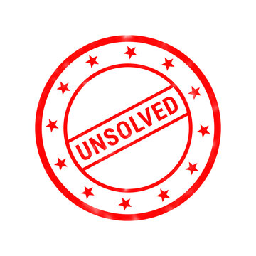 Unsolved red rubber stamp icon, circular ink stamp with stars, mystery and cold case concept graphic