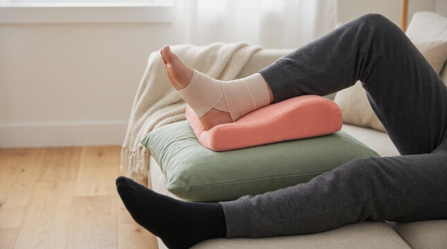 sprained ankle wrapped in elastic bandage resting on pink wedge pillow for first aid elevation therapy