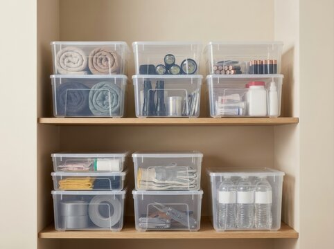 emergency household supplies Clear plastic storage bins neatly organized on wooden shelves in a closet
