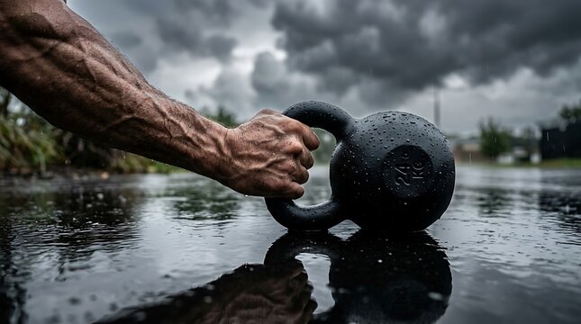 Muscular Arm Gripping Heavy Kettlebell in the Rain
