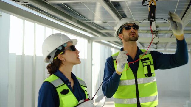 Two professional engineers inspecting solar panels using a digital multimeter on a modern construction site. Teamwork in renewable energy maintenance, wearing safety gear for sustainable power.